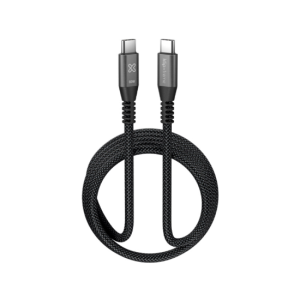 Braided black USB-C to USB-C charging cable looped into a circular shape.