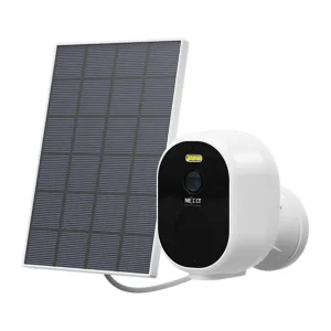 Solar panel powering a white security camera with a lens and motion sensor, mounted outdoors in a compact kit