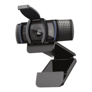 HD webcam with flip-up cover mounted on an adjustable clamp for desktop use