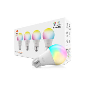 Four-pack smart Wi‑Fi LED color bulbs in white box, with one bulb displayed in front showing rainbow colors.