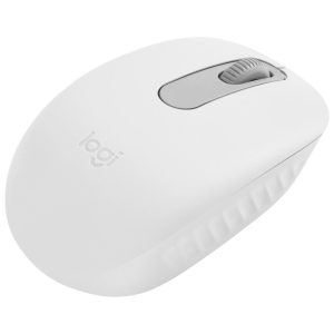 White wireless computer mouse with a gray scroll wheel