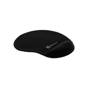 Black ergonomic mouse pad with a curved built-in wrist rest and a white logo on the surface.