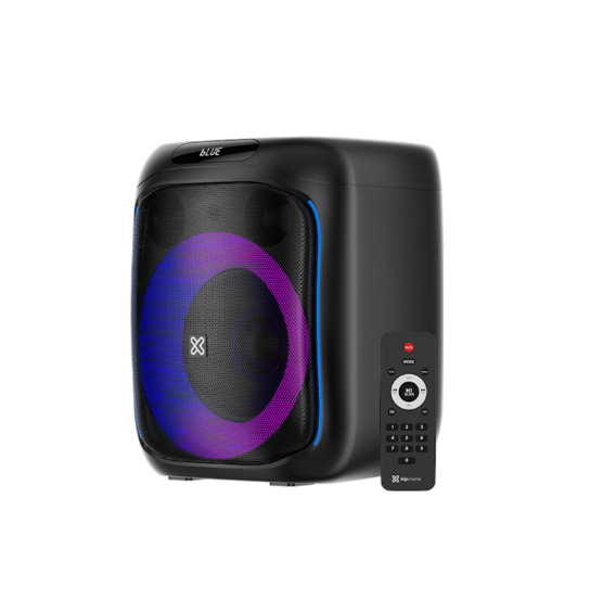 PARLANTE KLIP XTREME 1800W MICROFONO CONTROL REMOTO BLUETOOTH NEGRO (KLS-655) Black Bluetooth speaker with a blue‑purple LED ring around the grille and a compact remote beside it.