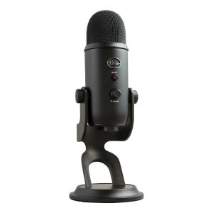 Black Blue Yeti USB condenser microphone mounted on an adjustable stand with mute light and volume control on the body