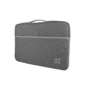 Gray laptop sleeve with a top handle and front zipper pocket, showing a soft fabric finish and subtle logo bottom right.