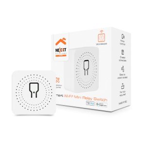 White square Wi‑Fi mini relay switch with a dotted circular vent design shown beside its packaging box.
