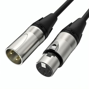Two metal XLR audio cables with male and female connectors side by side on a white background, showing the plug and socket ends