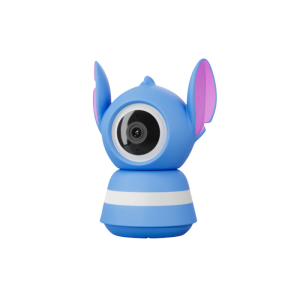 Blue cartoon-styled toy camera for kids, with a round lens and blue body with pink ears resembling a playful character.