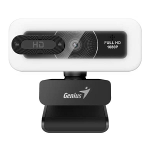 Webcam with white housing and adjustable black mounting arm, labeled Full HD 1080p and Genius branding.