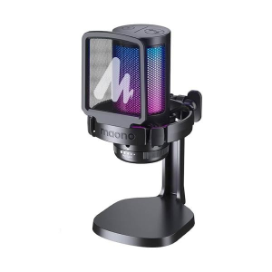 Maono condenser microphone on a black adjustable stand with a protective mesh grille and rainbow RGB lighting.